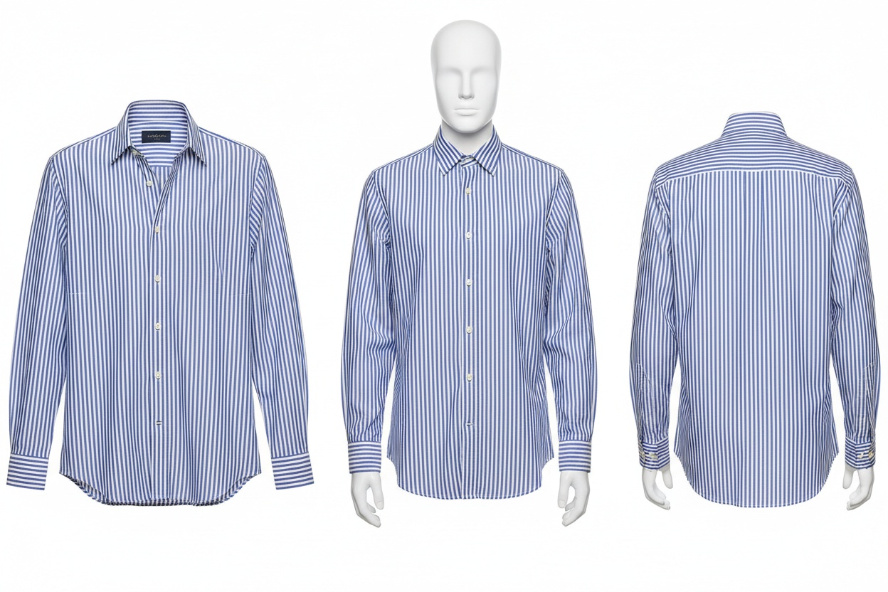 One shirt shown three ways: flat lay, on a visible mannequin, and as a ghost mannequin
