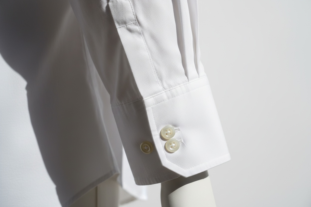 Macro of a cuff and placket on a ghost mannequin image with the sleeve filled out