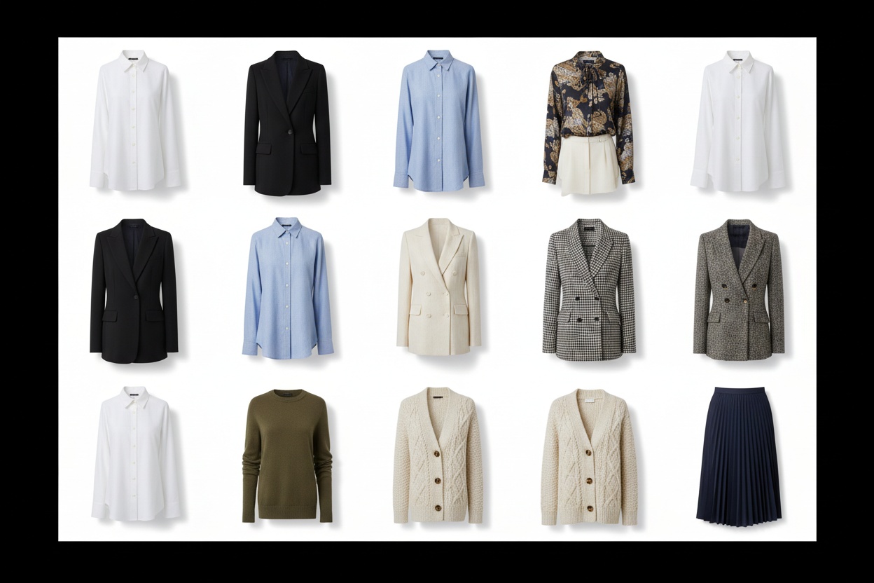 A grid of nine ghost mannequin garments with consistent shape, lighting and shadow