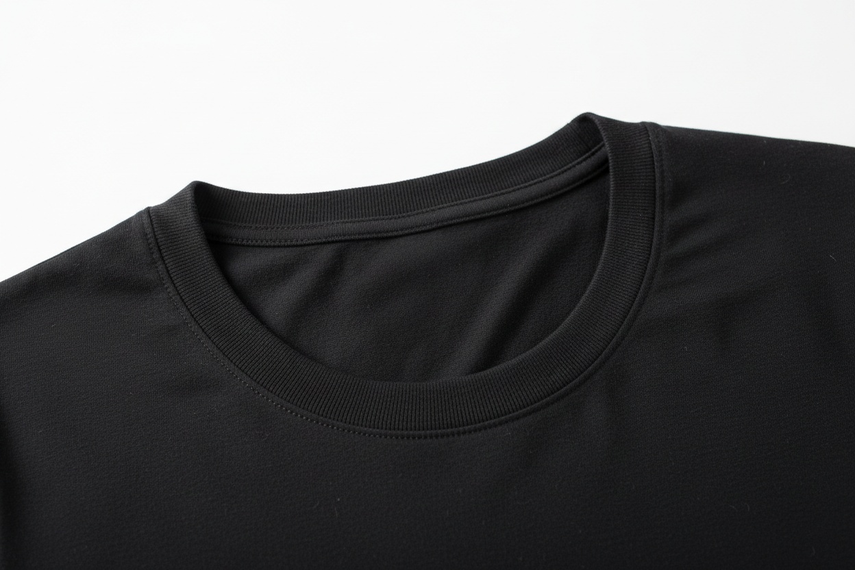 Close detail of a neckline where the mannequin has been removed and the inner panel composited in