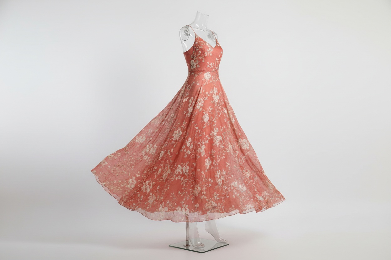 A dress on a clear acrylic invisible mannequin with the support faintly visible