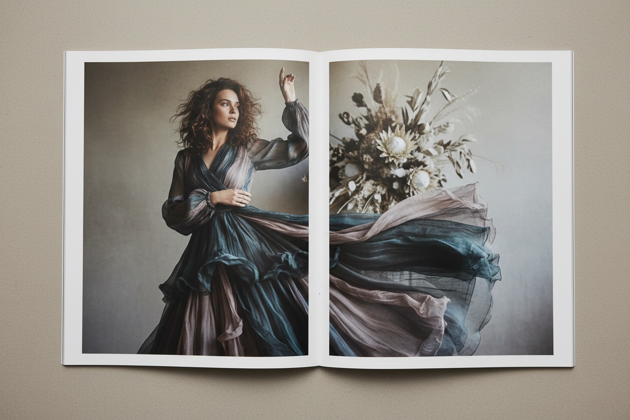 An editorial spread mock-up across two facing pages with generous white space