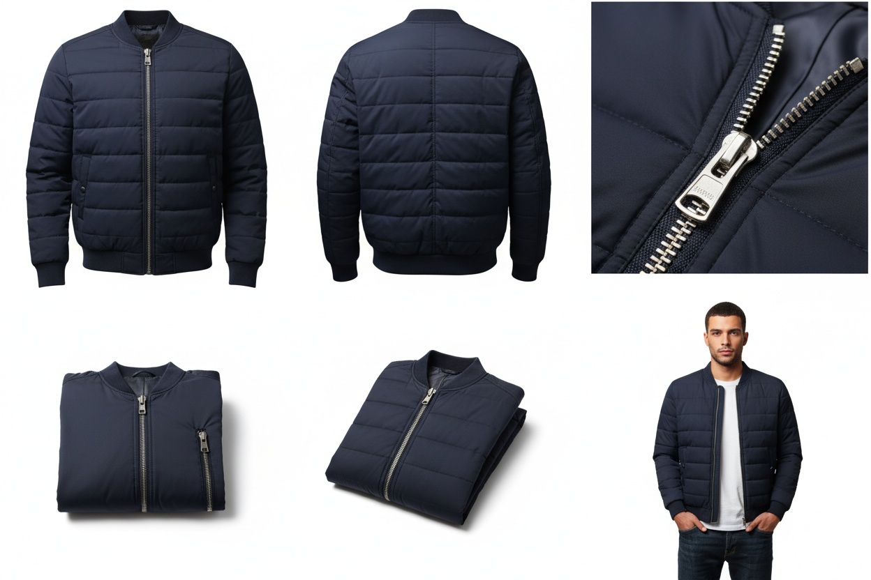 Six thumbnails of one jacket: front, back, side, detail, folded and on-model