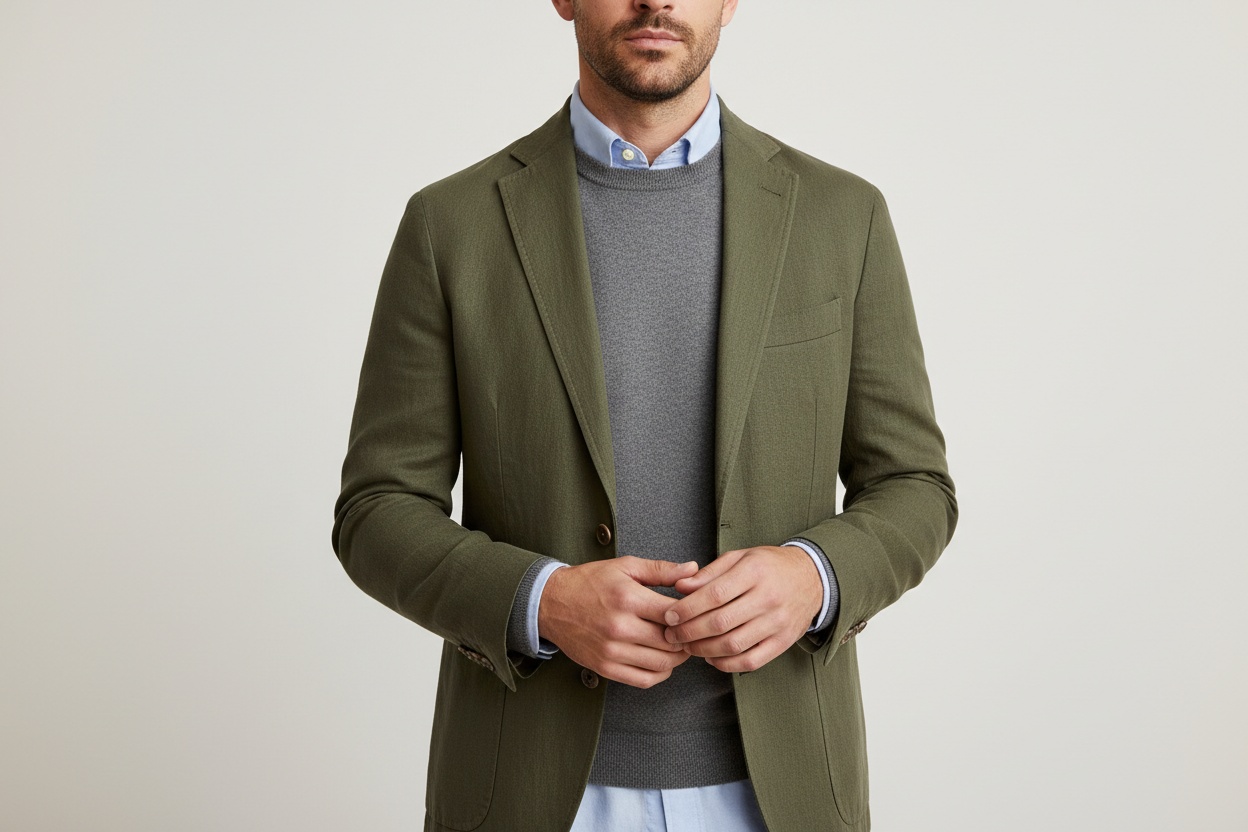 Oxford shirt under a merino crew neck under an unstructured blazer, each layer visible at collar and cuff