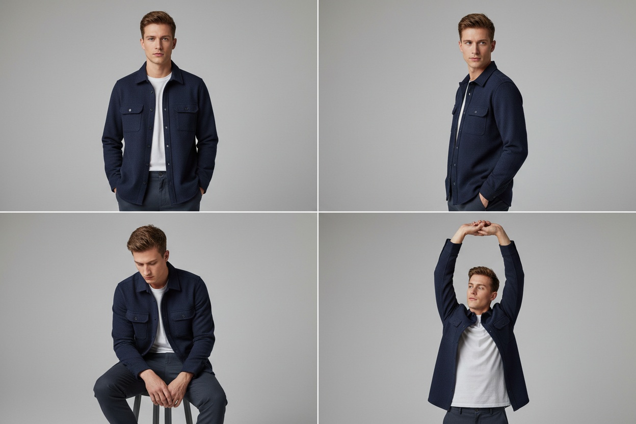 Four frames of the same navy overshirt: front, three-quarter, seated and arms raised