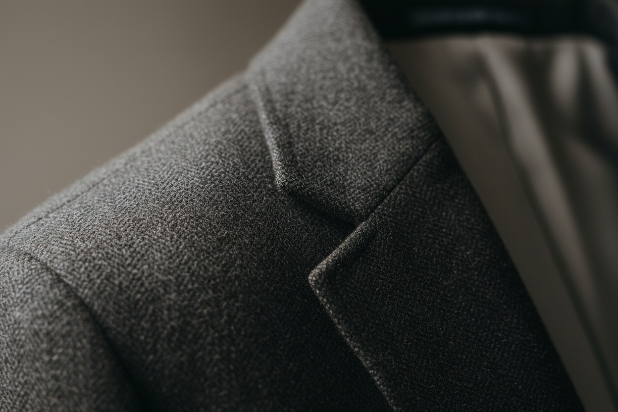 Macro of a suit lapel roll, shoulder seam and sleeve head in charcoal wool