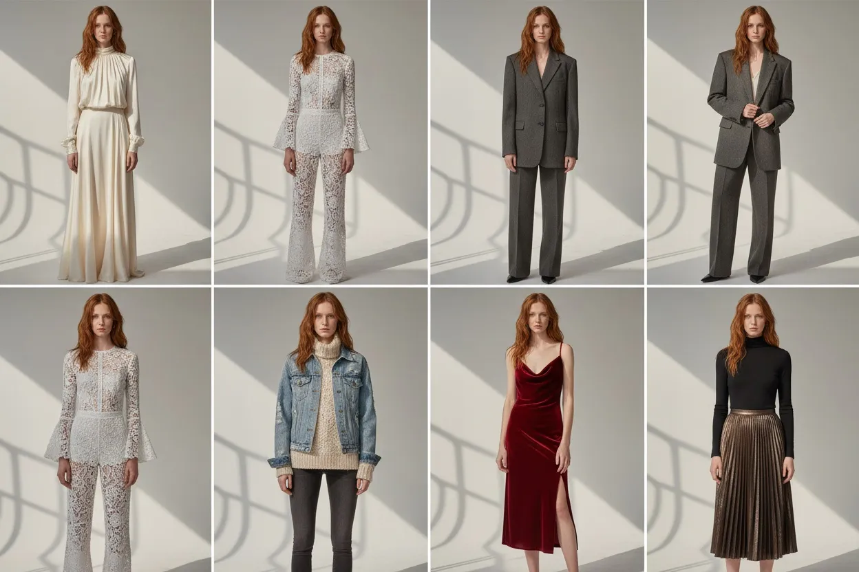 The same model across six garments with identical face, hair and lighting