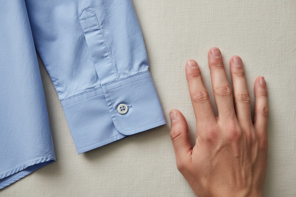 Close crop of a shirt cuff with a hand beside it, fingers clearly formed