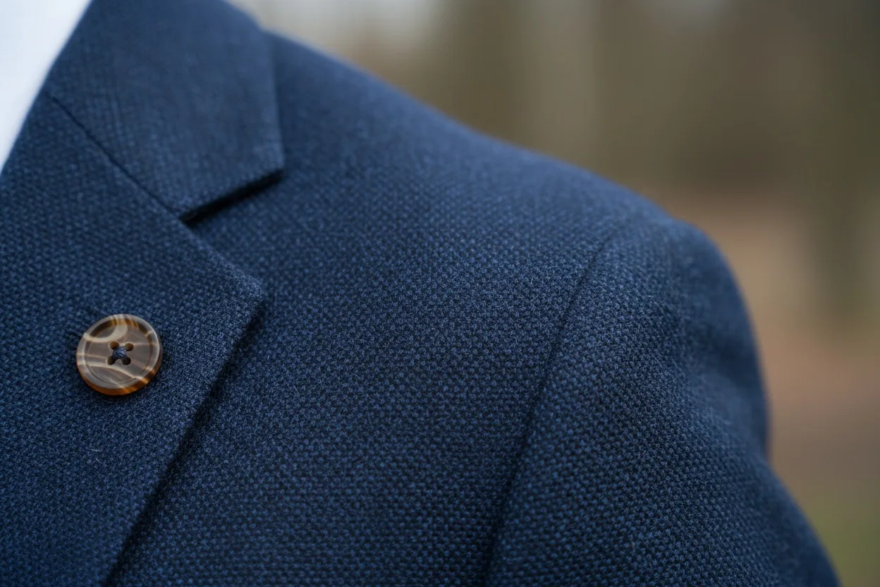 Close detail of a navy blazer shoulder seam sitting correctly with a quarter inch of shirt cuff showing