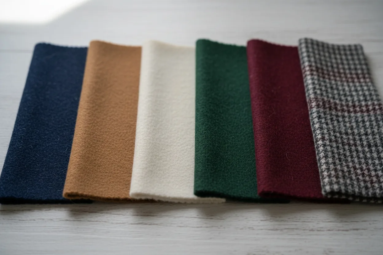 Wool swatches in navy, camel, cream, charcoal, forest green, burgundy and muted houndstooth