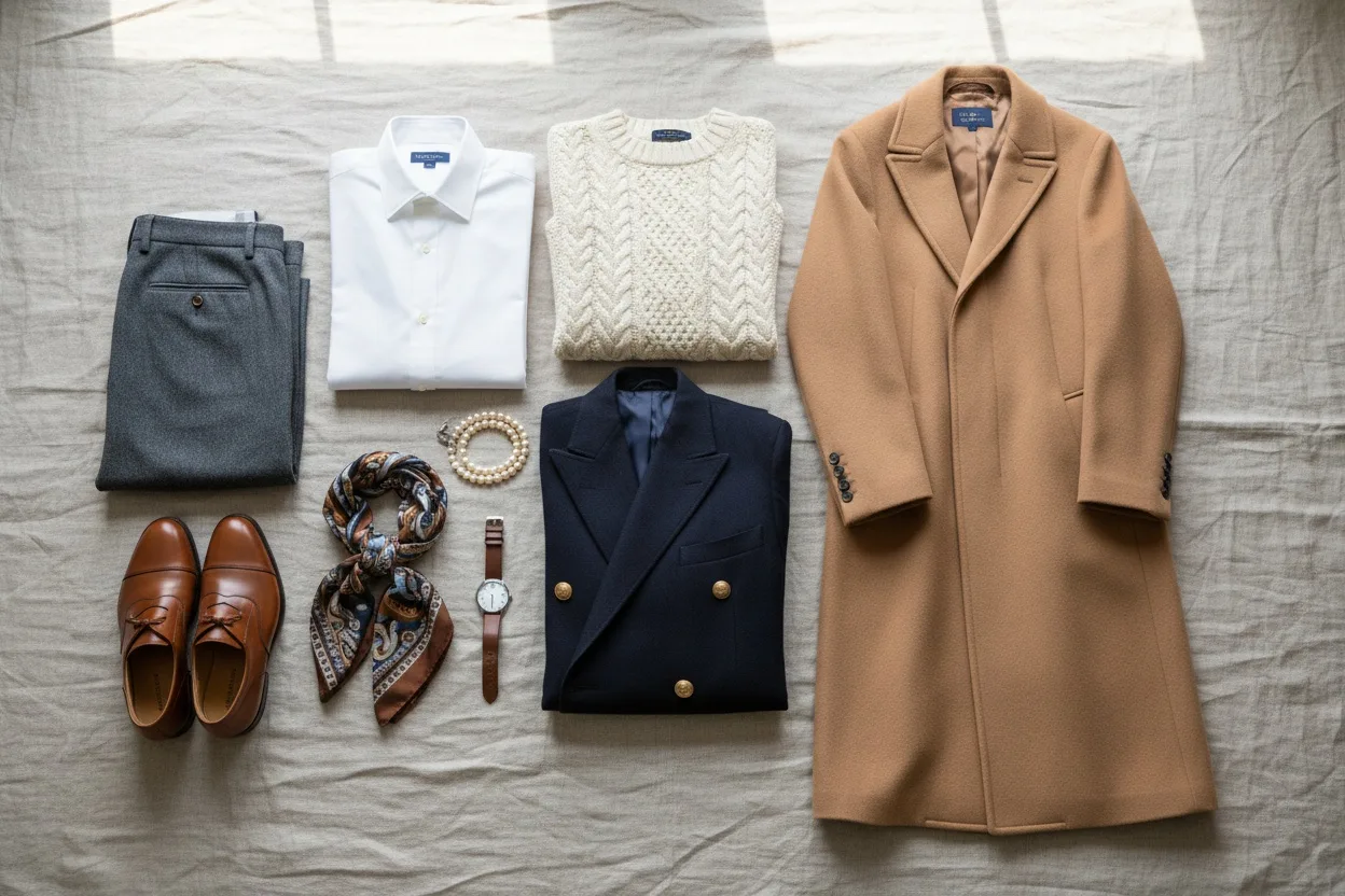 Flat lay of a twelve-piece old money wardrobe: navy blazer, camel coat, poplin shirt, cable knit, flannel trousers, loafers, silk scarf and pearls