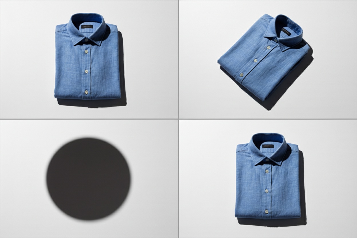 Four overhead frames of the same shirt: square-on, distorted, hard-shadowed and correctly lit