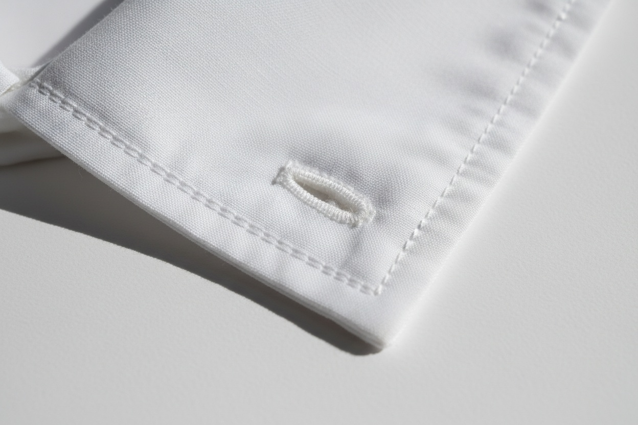 Macro of a collar, buttonhole and topstitching under raking light