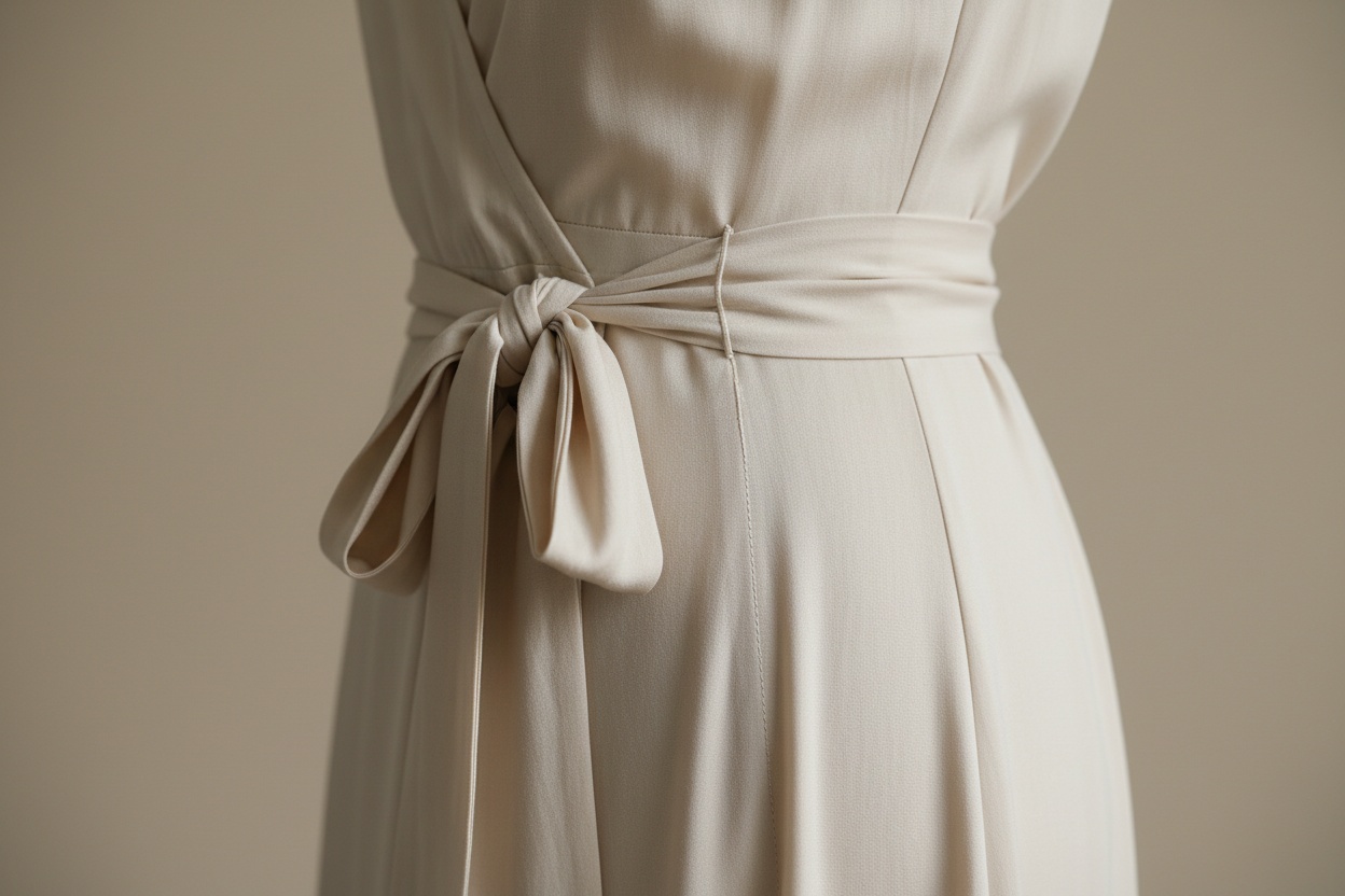 Macro of a wrap dress tie and side seam with fabric falling under its own weight