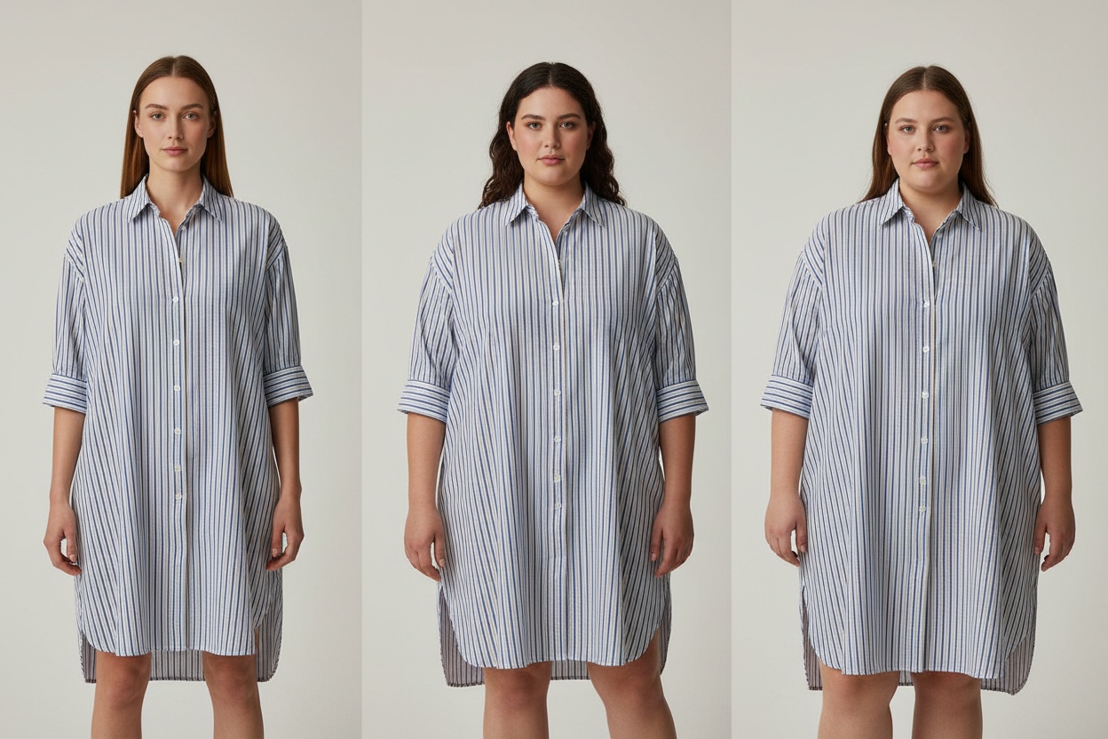The same striped shirt dress shown on three different body types with identical lighting