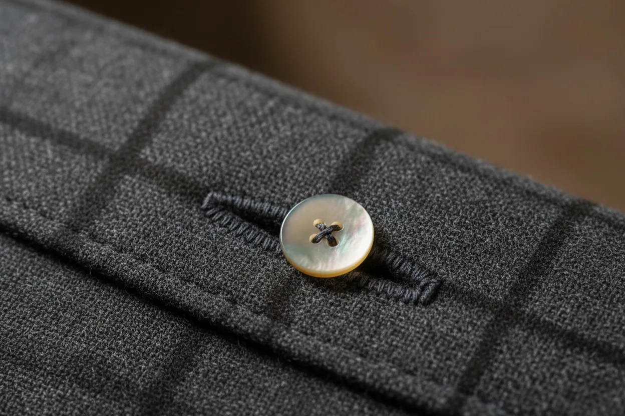 Extreme close-up of a hand-finished buttonhole with dense even stitching and a mother-of-pearl button
