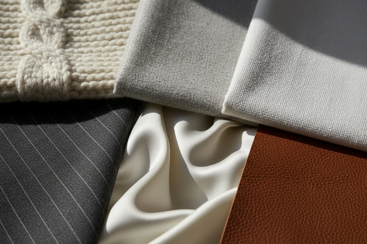 Macro flat lay of cashmere, merino, worsted wool, silk, cotton poplin and full-grain leather