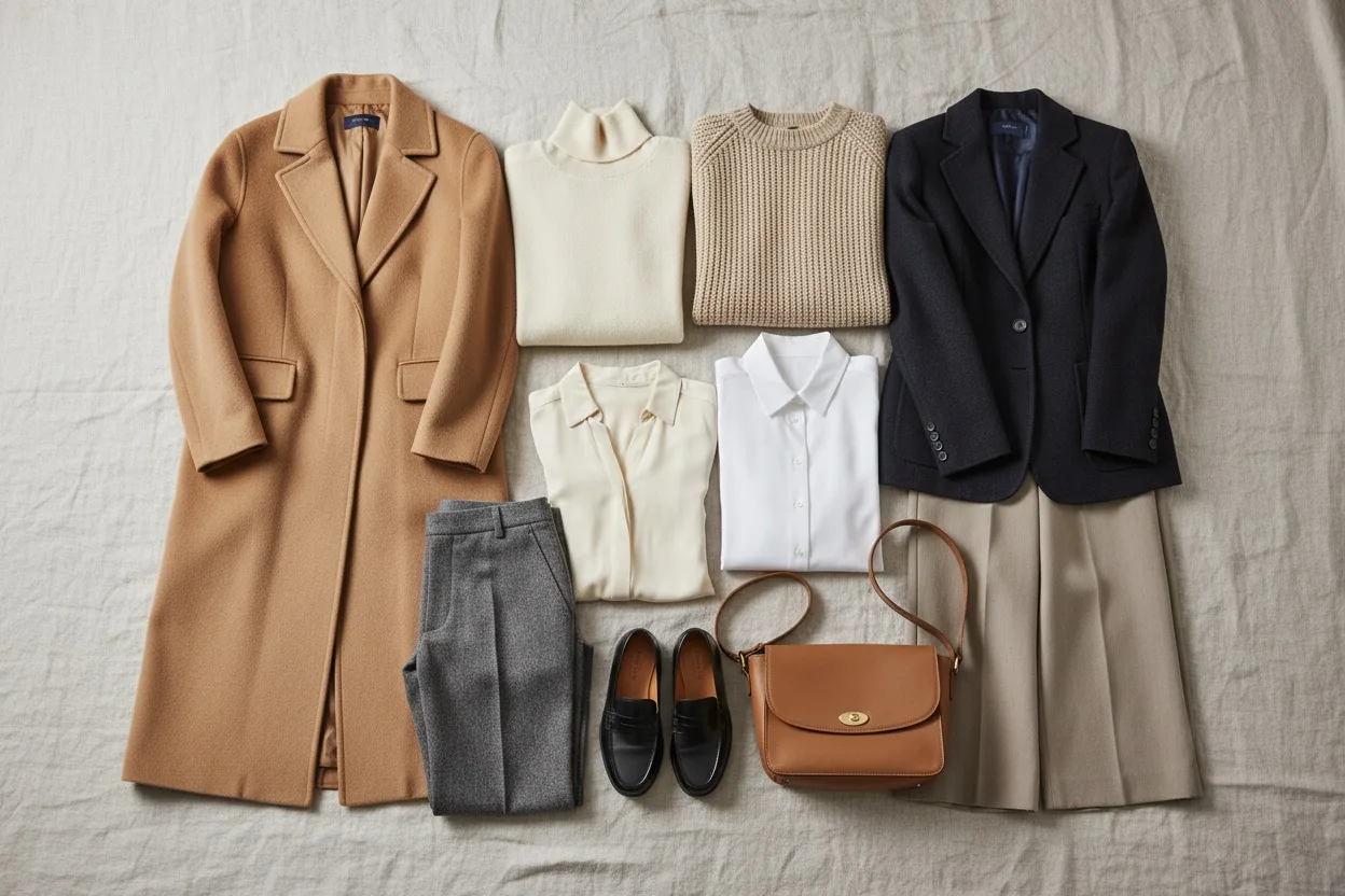 Flat lay of a ten-piece neutral wardrobe in camel, cream, grey and navy