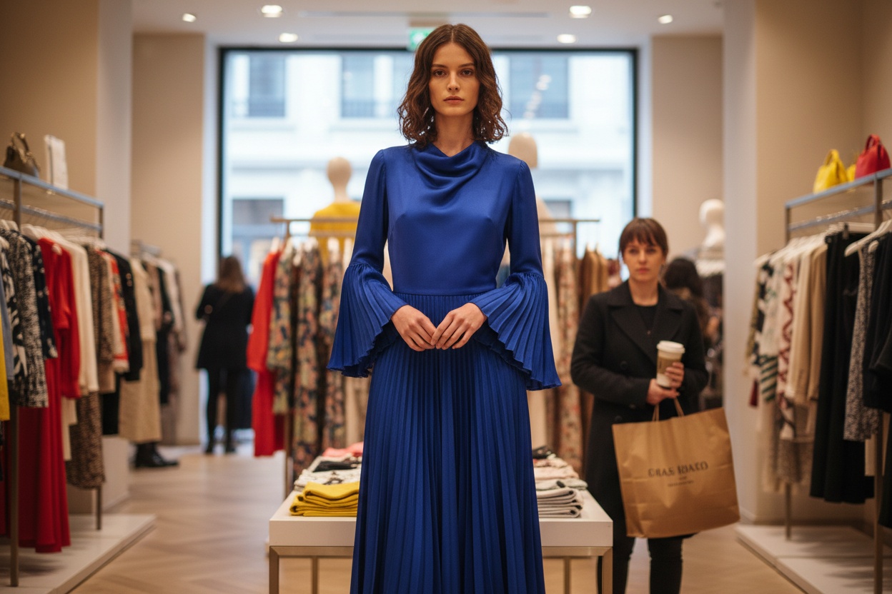 A product photograph with a second person partly visible in a busy retail background