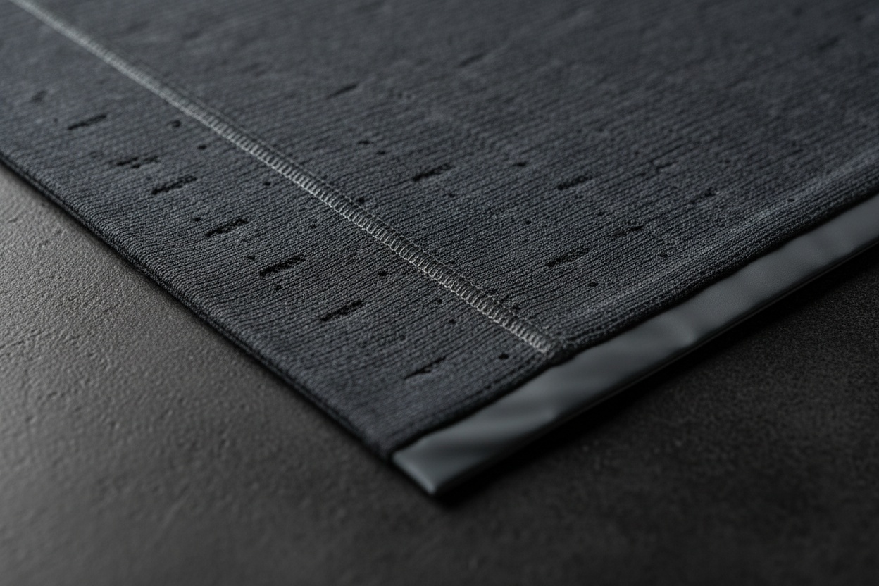 Macro of technical performance knit with flatlock seams and a bonded hem