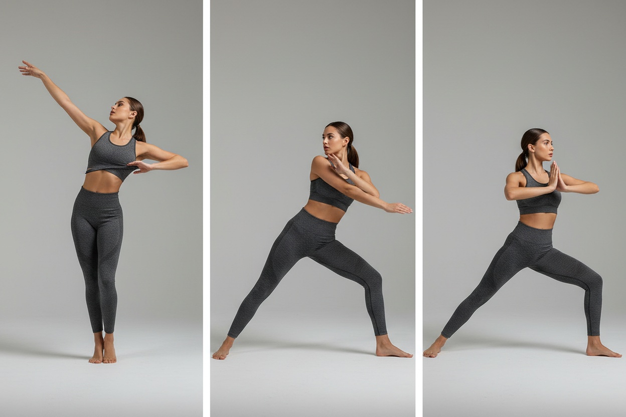 Three frames of the same activewear set reaching, twisting and lunging