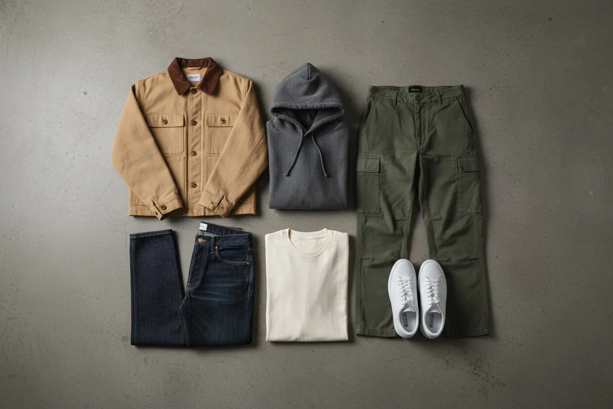 Flat lay of streetwear pieces: heavyweight hoodie, rigid denim, workwear jacket, heavy tee, cargo trousers and white trainers