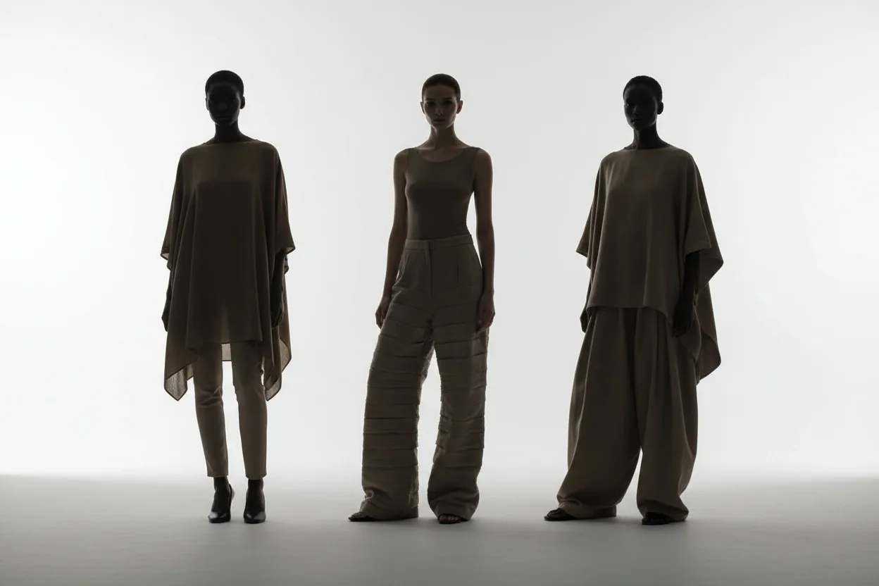 Three silhouettes compared: oversized top with tapered trousers, fitted top with wide trousers, and oversized on oversized