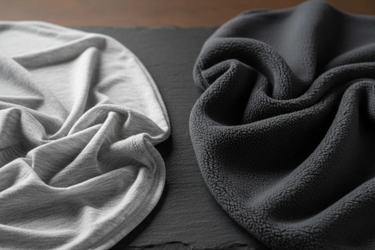 Macro comparison of a thin cotton jersey against a dense 400gsm fleece-backed jersey