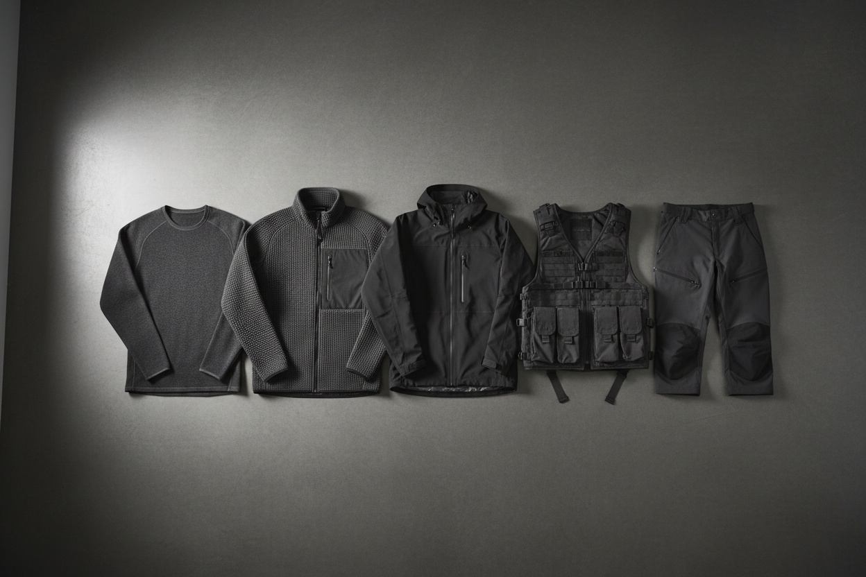 Flat lay of a five-layer techwear system: base, mid, shell, utility vest and technical trouser
