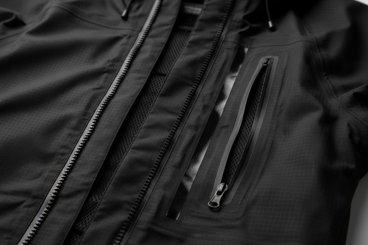 Macro detail of taped seams, a storm-flap zip and an open pit zip on a black hard shell