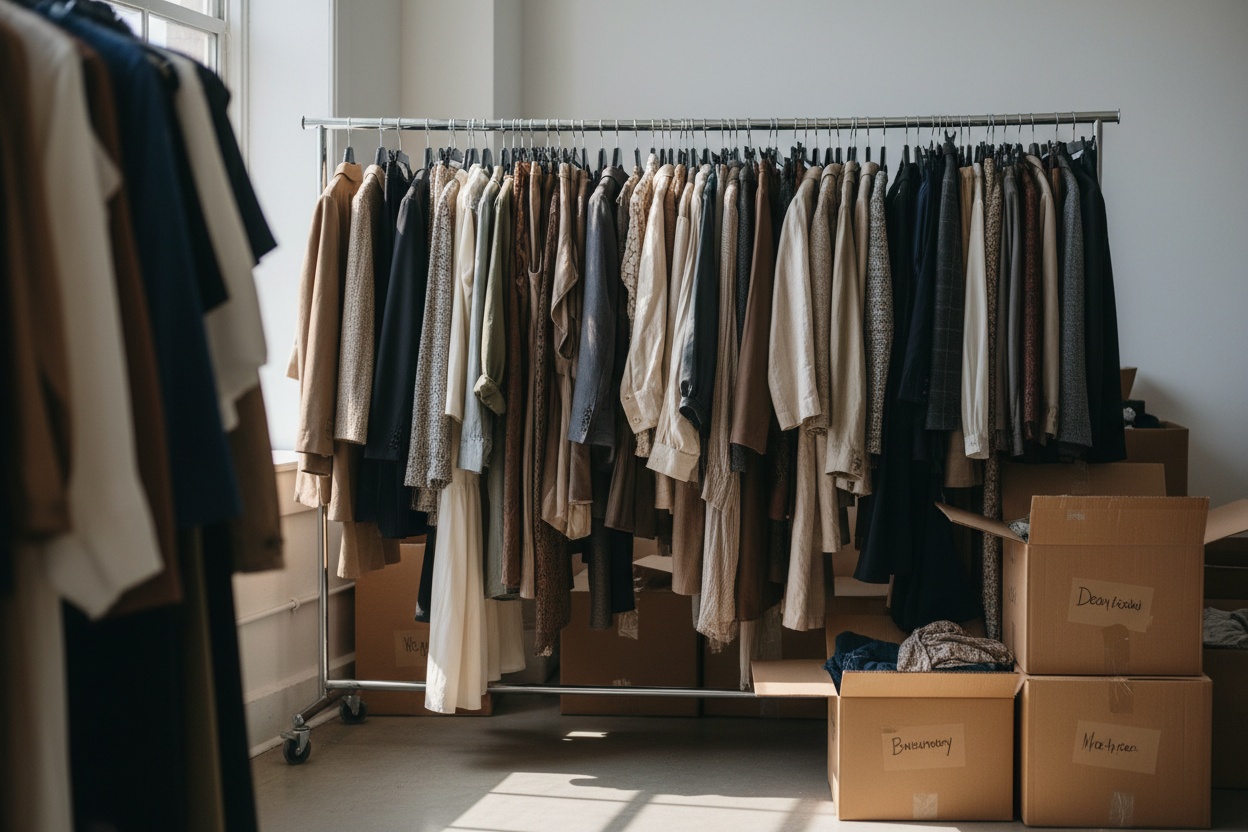 A garment rail of samples beside labelled boxes in a studio corner