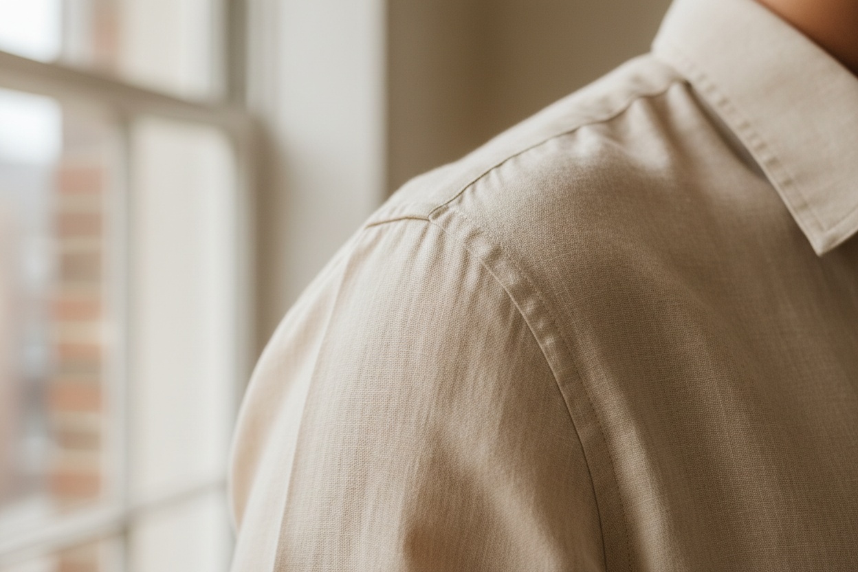 Macro of a shirt shoulder seam and armhole sitting correctly with no pulling
