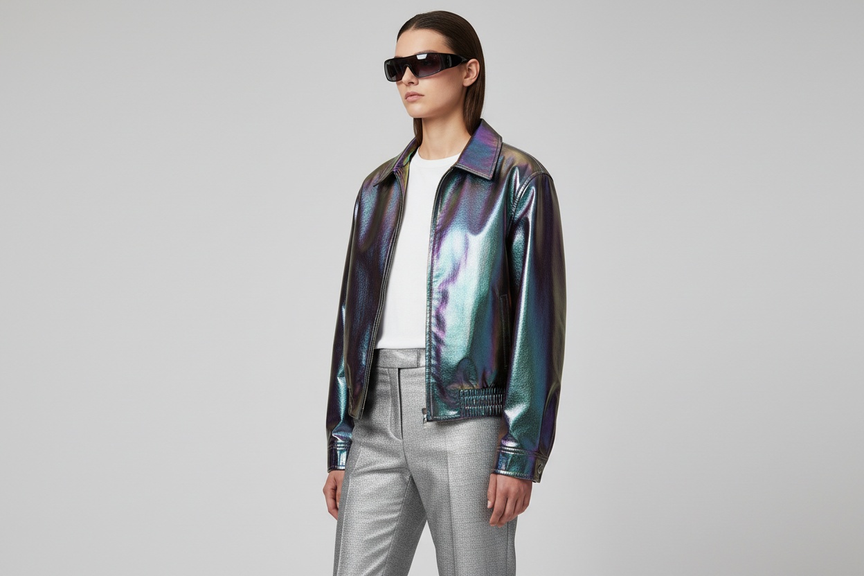 Iridescent metallic jacket and wraparound tinted sunglasses — the futurist half of Y2K fashion