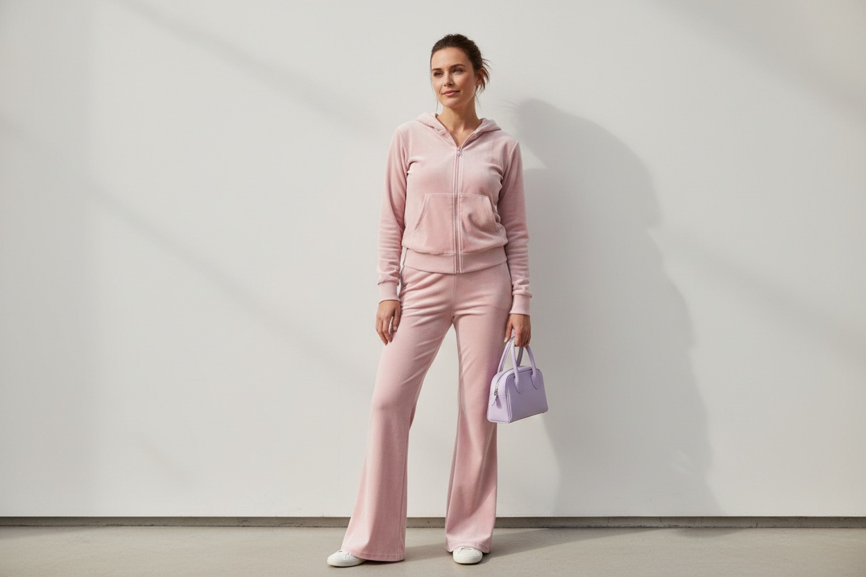 Velour tracksuit and pastel shoulder bag — the mall-and-tabloid half of Y2K fashion