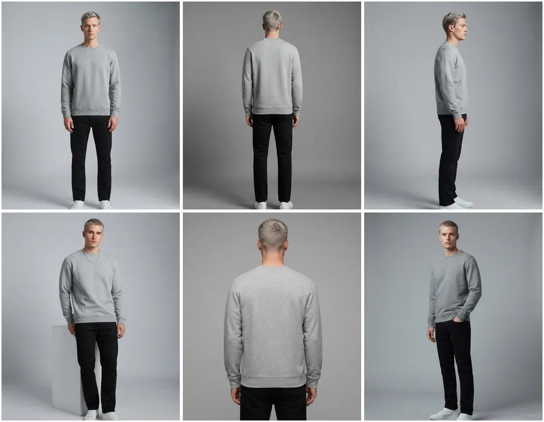 Six pinned angles of the same menswear garment on one model from a single catalog set
