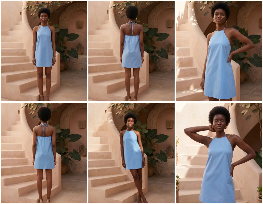 A location catalog set showing the same garment across six pinned angles in a warm interior