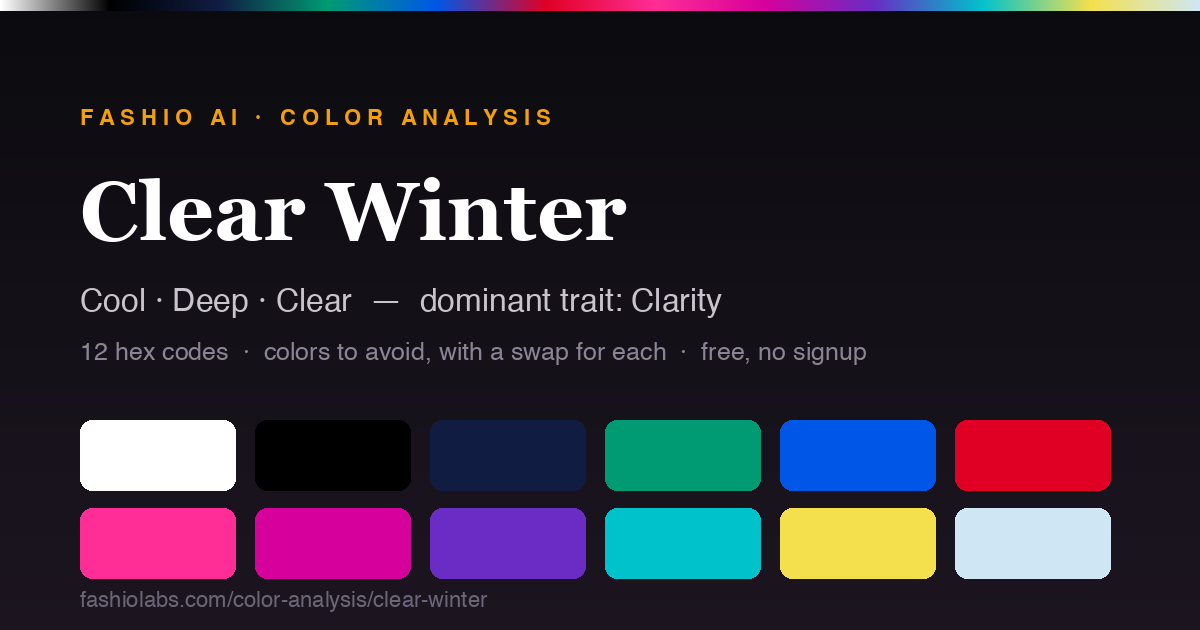 The Clear Winter color palette — 12 swatches with hex codes