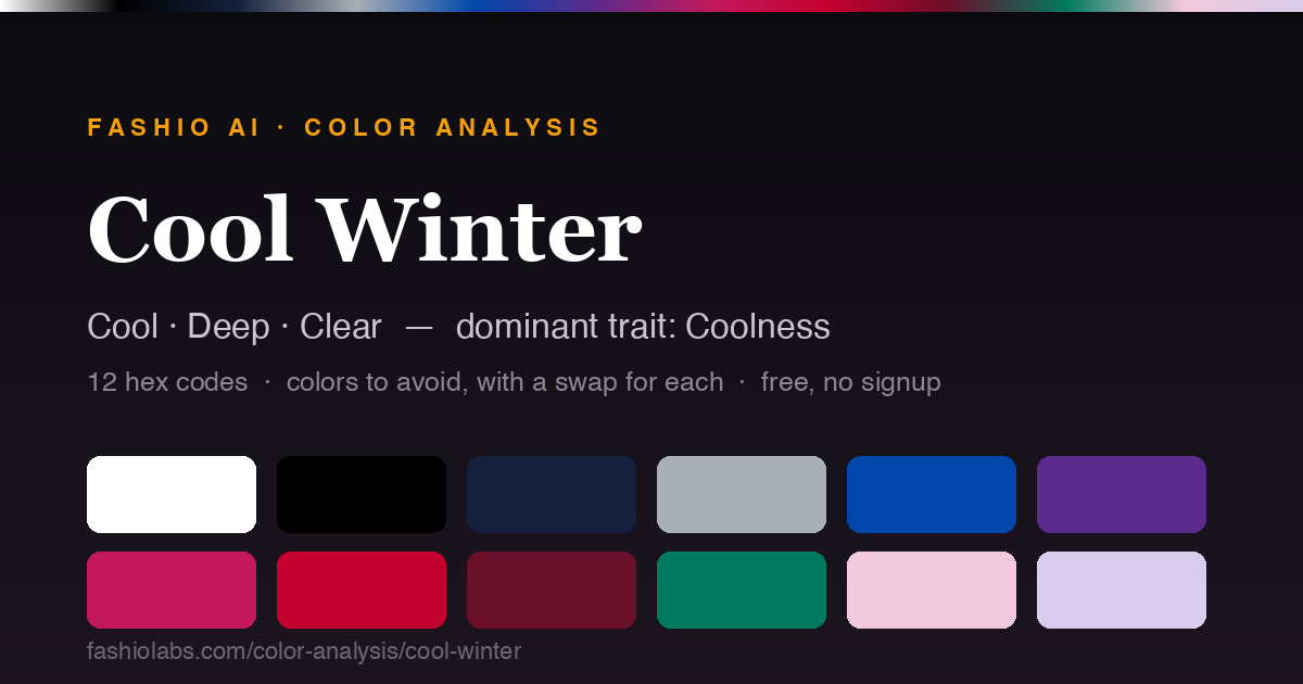 The Cool Winter color palette — 12 swatches with hex codes