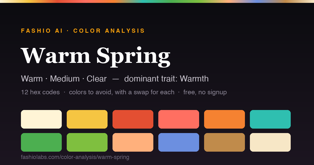 The Warm Spring color palette — 12 swatches with hex codes