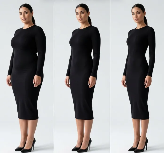 One garment shown on several body types with the AI body editor